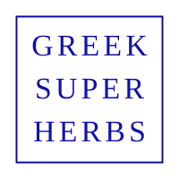 Logo for Greek Super Herbs with blue text on a white background