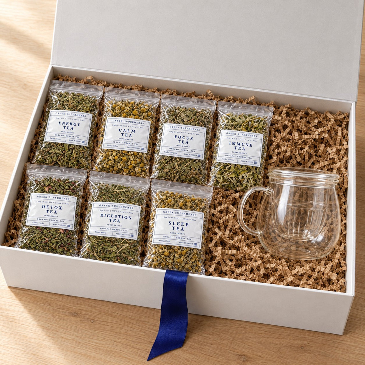 Office Wellness Gift Box with glass tea cup — seven medicinal tea blend samples