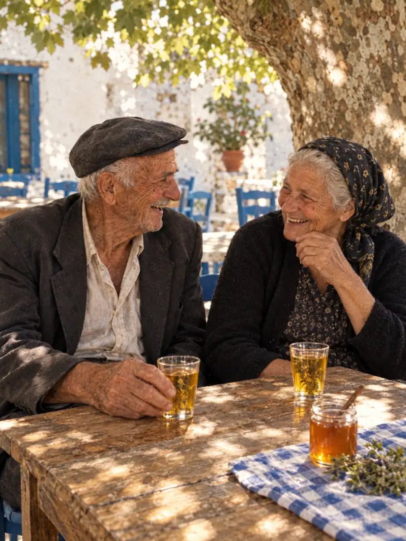 Two Ikarian elders laughing over glasses of herbal tea in a village square