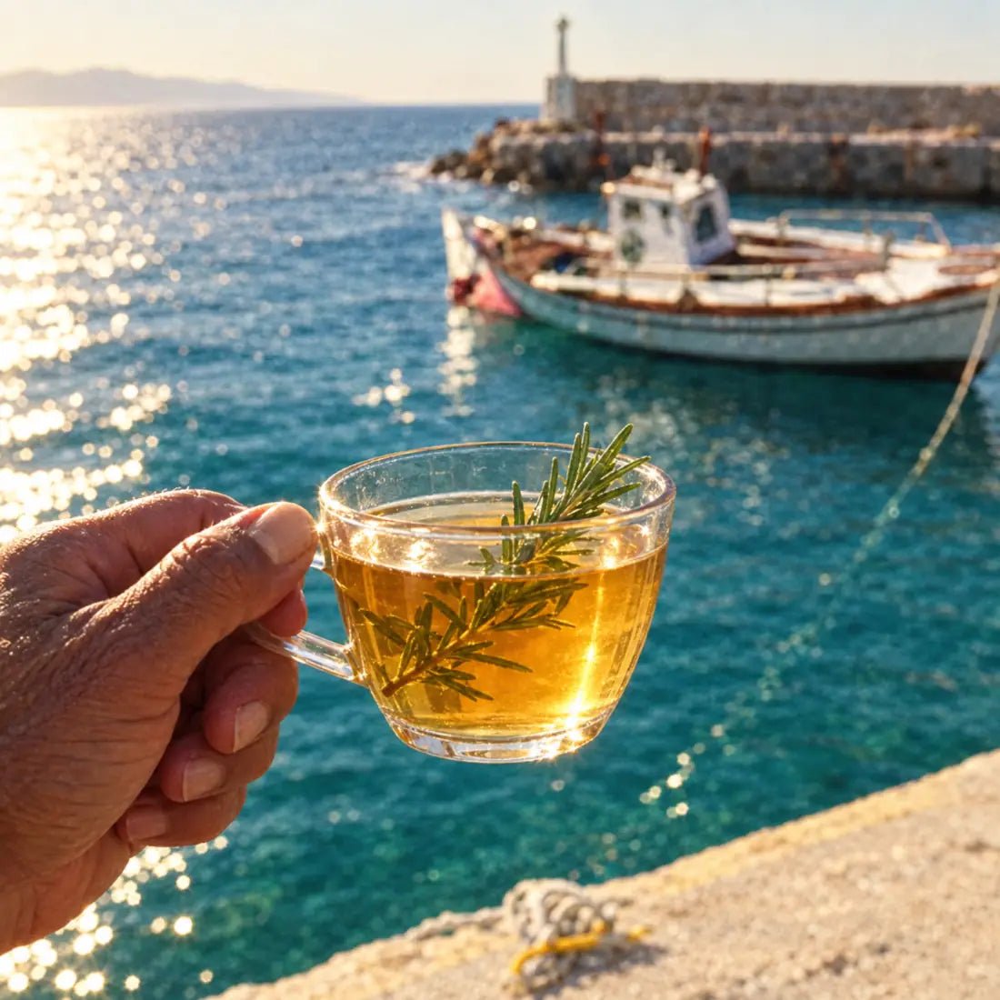 A glass of golden Ikaria herbal tea held up against the Aegean harbour