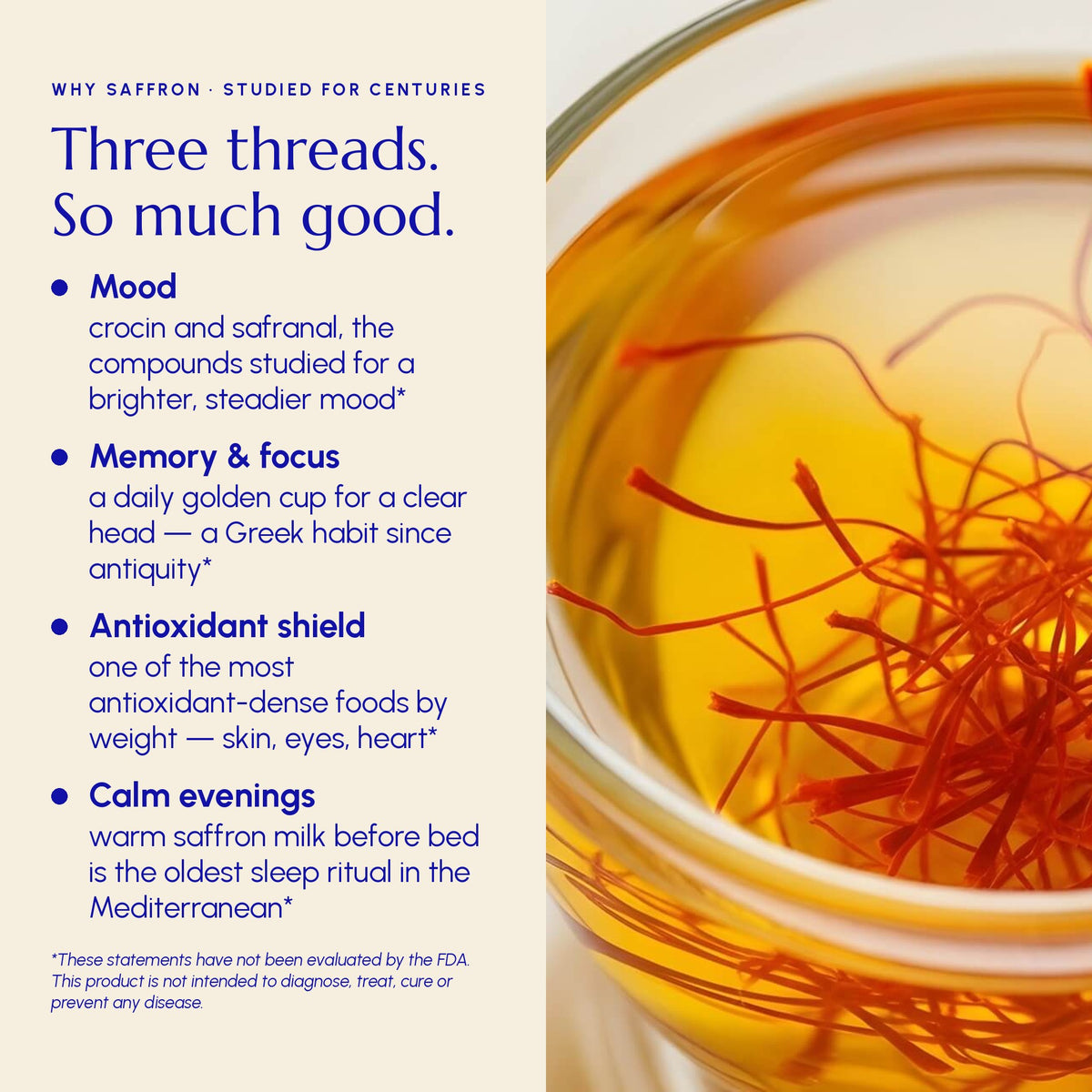 Saffron health benefits — mood, memory and focus, antioxidants, calm — Krokos Kozanis PDO saffron tea