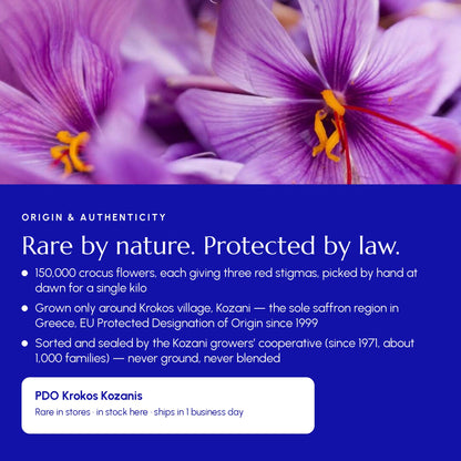 Krokos Kozanis PDO saffron origin — 150,000 crocus flowers per kilo, grown only around Krokos village, Kozani, Greece, protected designation of origin since 1999