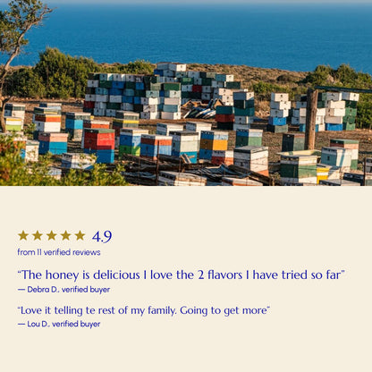 Ikaria Blue Zone Honey Heather (Anama) reviews — rated 4.91 from 11 verified Greek Superherbs customers — beehives on Ikaria, Greece