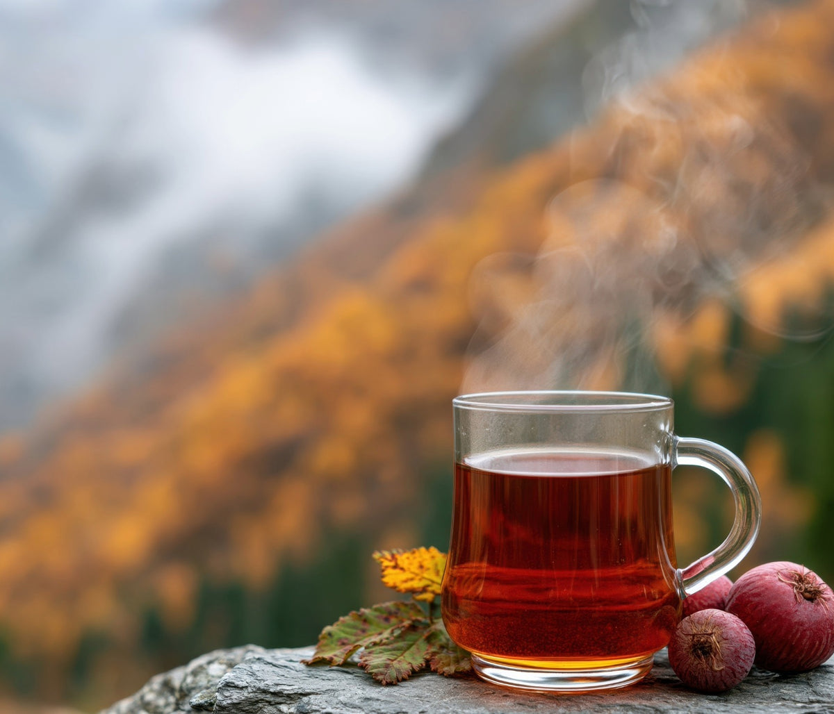 Autumn Equinox tea sale — a steaming glass of red herbal tea on a rock, golden autumn mountainside behind