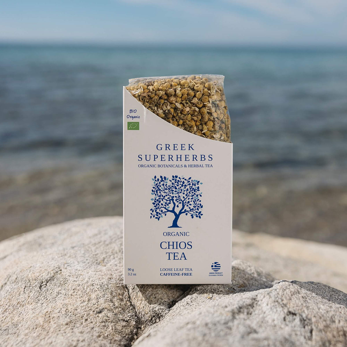 Chios Mastic Tea bag on a stone wall by the Aegean