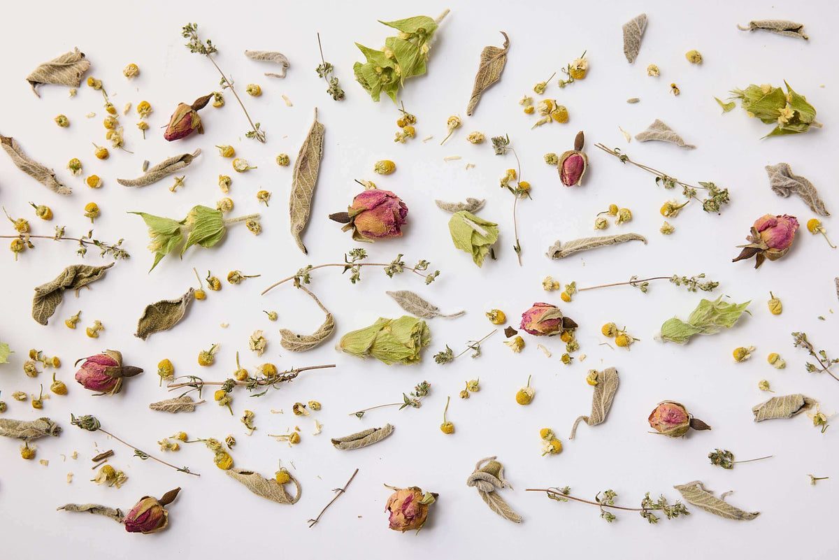 Dried Greek herbs laid out