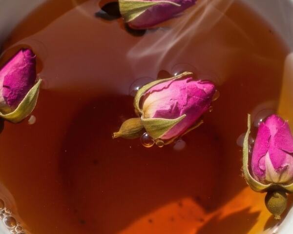 A glass of rose tea with rosebuds