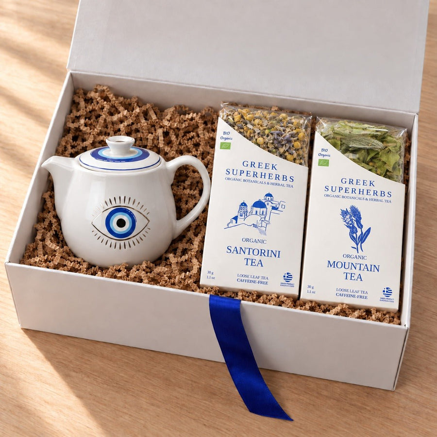 Evil Eye Tea Ritual Gift Set — White Teapot - Greek Superherbs