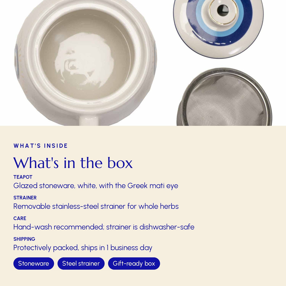 Evil Eye Teapot with Strainer White - Greek Superherbs