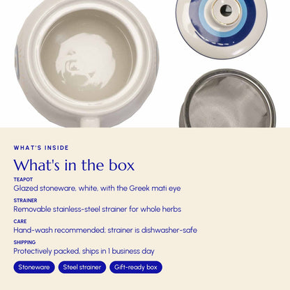 Evil Eye Teapot with Strainer White - Greek Superherbs
