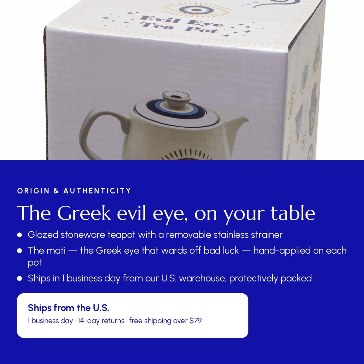 Evil Eye Teapot with Strainer White - Greek Superherbs
