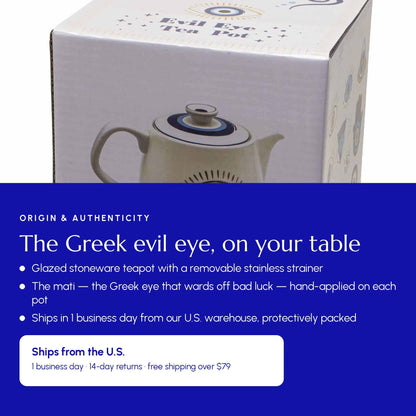Evil Eye Teapot with Strainer White - Greek Superherbs
