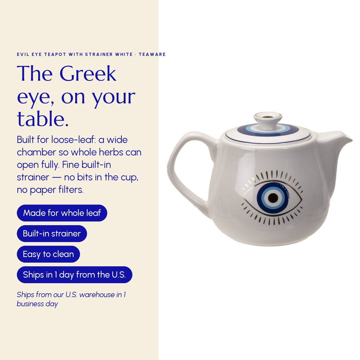 Evil Eye Teapot with Strainer White - Greek Superherbs