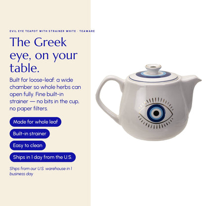 Evil Eye Teapot with Strainer White - Greek Superherbs