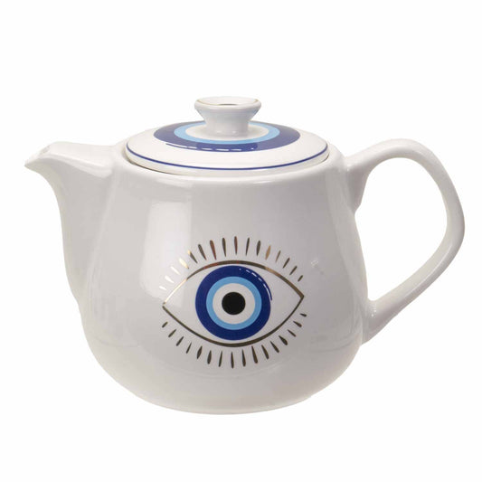 Evil Eye Teapot with Strainer White - Greek Superherbs