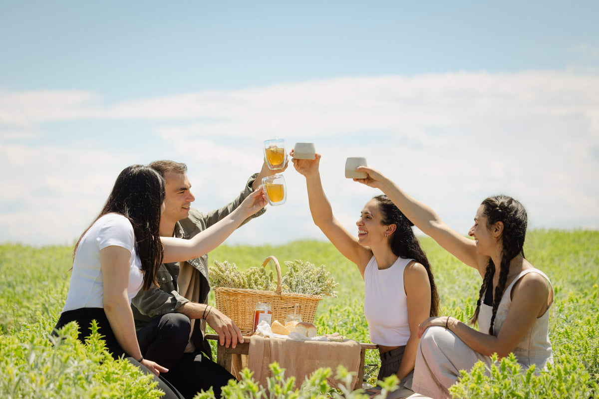 Friends raising glasses of Greek herbal tea in a summer field