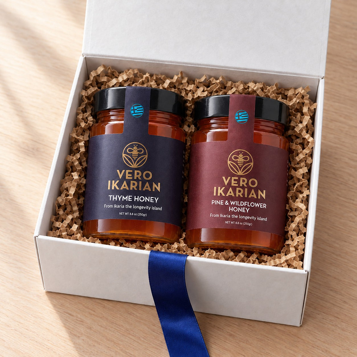 Ikaria Blue Zone Honey Gift Set: thyme and pine & wildflower honey, 250 g jars, in a white gift box