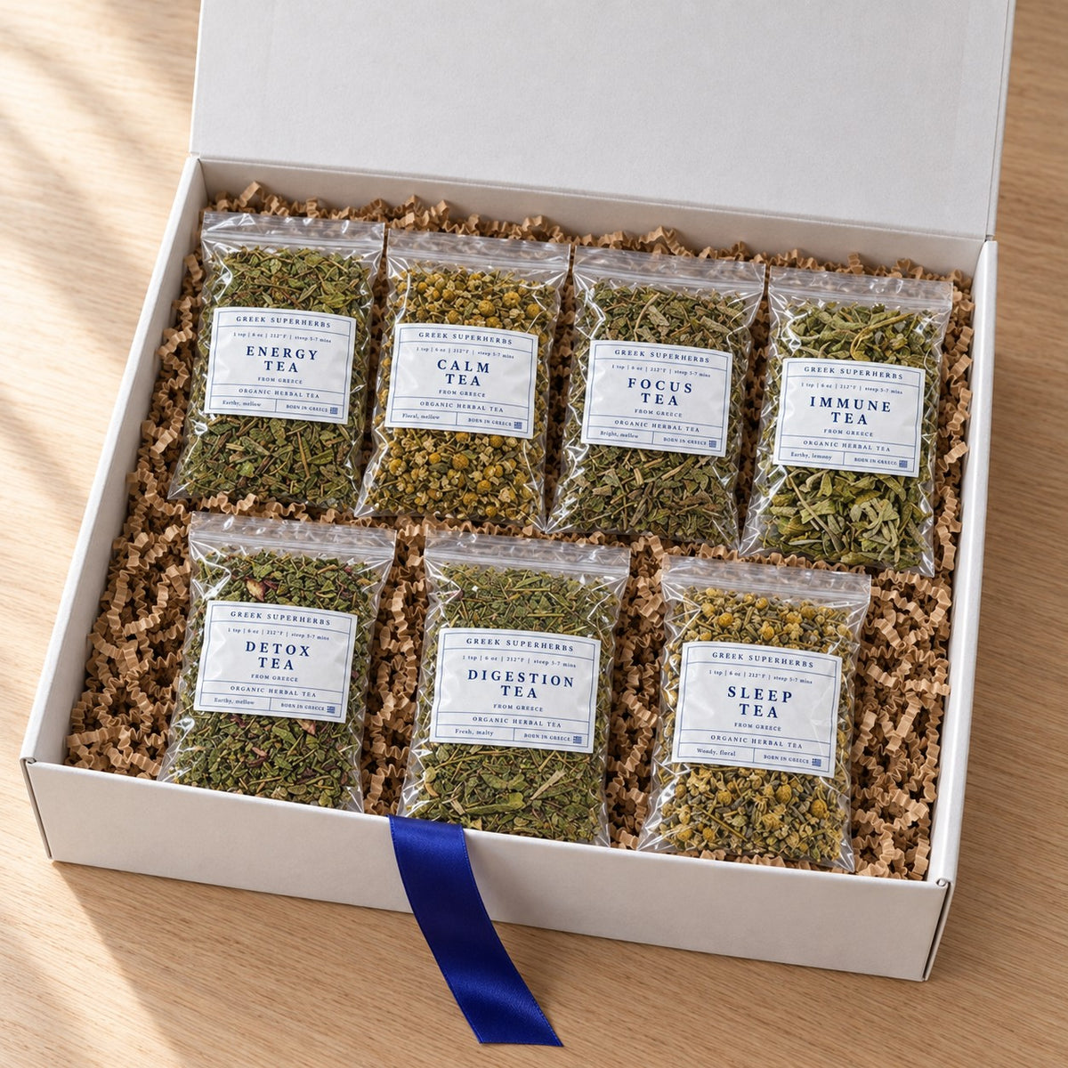 Office Wellness Gift Box — open white gift box with kraft crinkle paper and blue ribbon