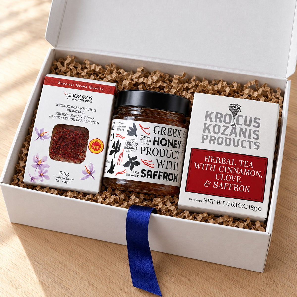 Krokos Kozanis Saffron Gift Box — saffron threads, saffron honey and cinnamon & clove saffron tea in a white gift box