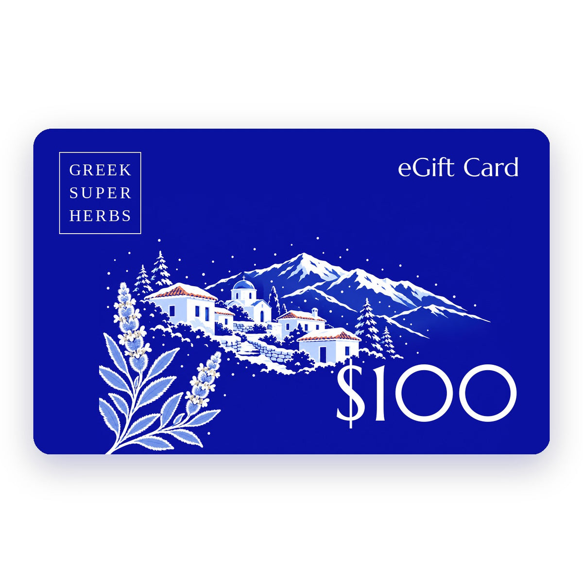 Greek Superherbs $100 eGift Card — boxed Greek Superherbs logo and snowy Greek mountain village illustration on brand blue