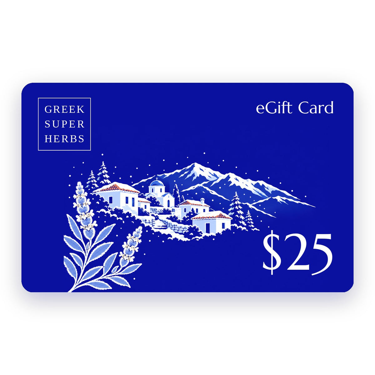 Greek Superherbs $25 eGift Card — boxed Greek Superherbs logo and snowy Greek mountain village illustration on brand blue