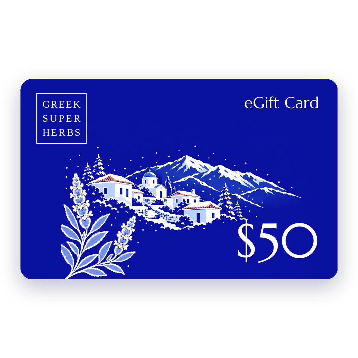 Greek Superherbs $50 eGift Card — boxed Greek Superherbs logo and snowy Greek mountain village illustration on brand blue