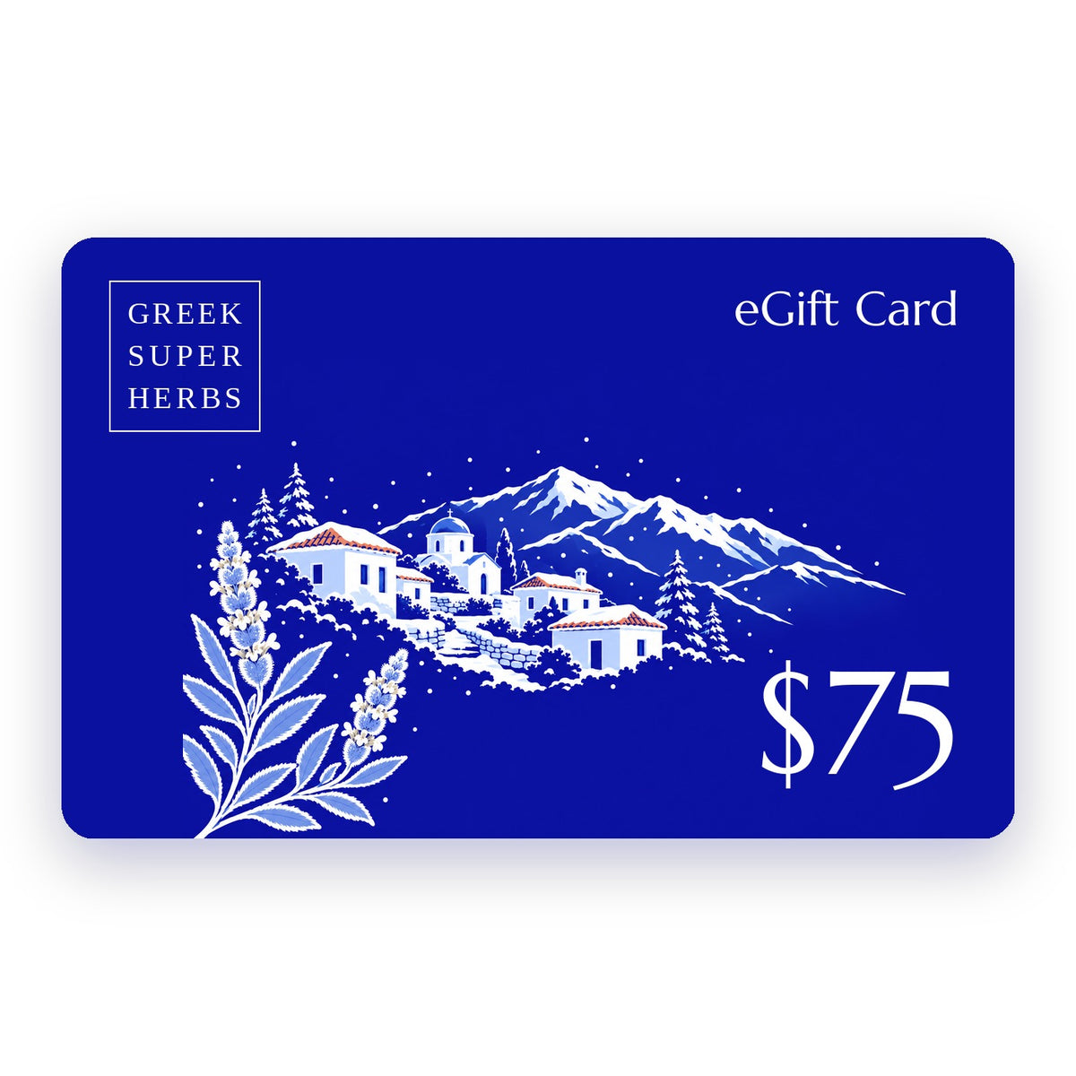 Greek Superherbs $75 eGift Card — boxed Greek Superherbs logo and snowy Greek mountain village illustration on brand blue