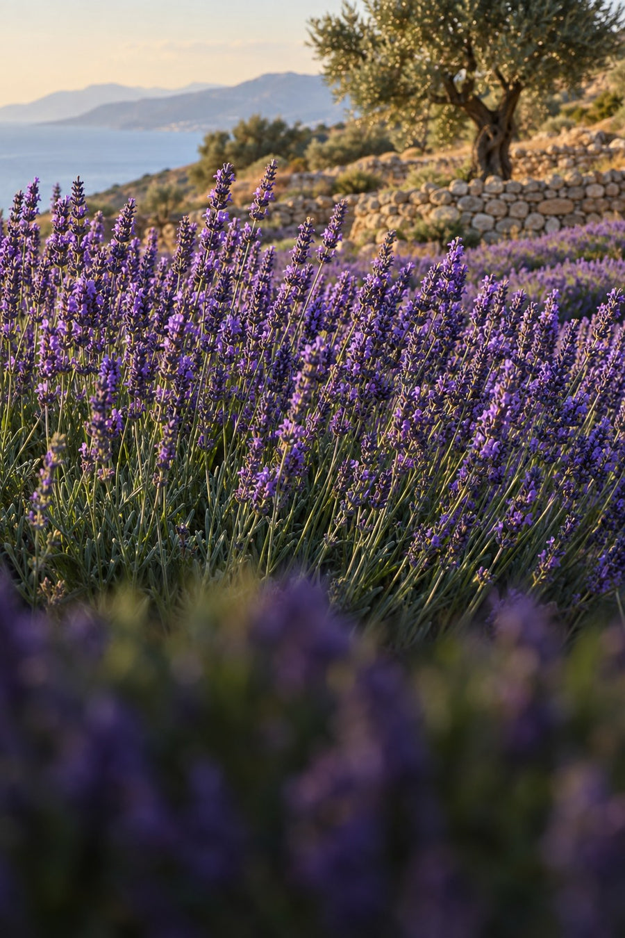 Greek lavender in bloom on a sunlit hillside
