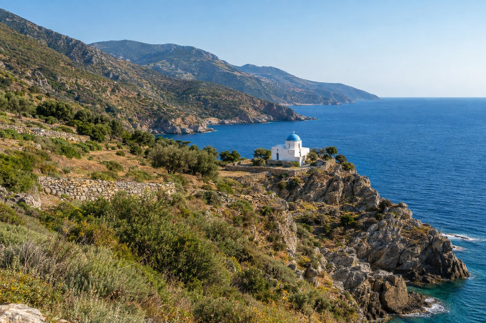 Ikaria, Greece — wild herb slopes above the Aegean with a whitewashed chapel