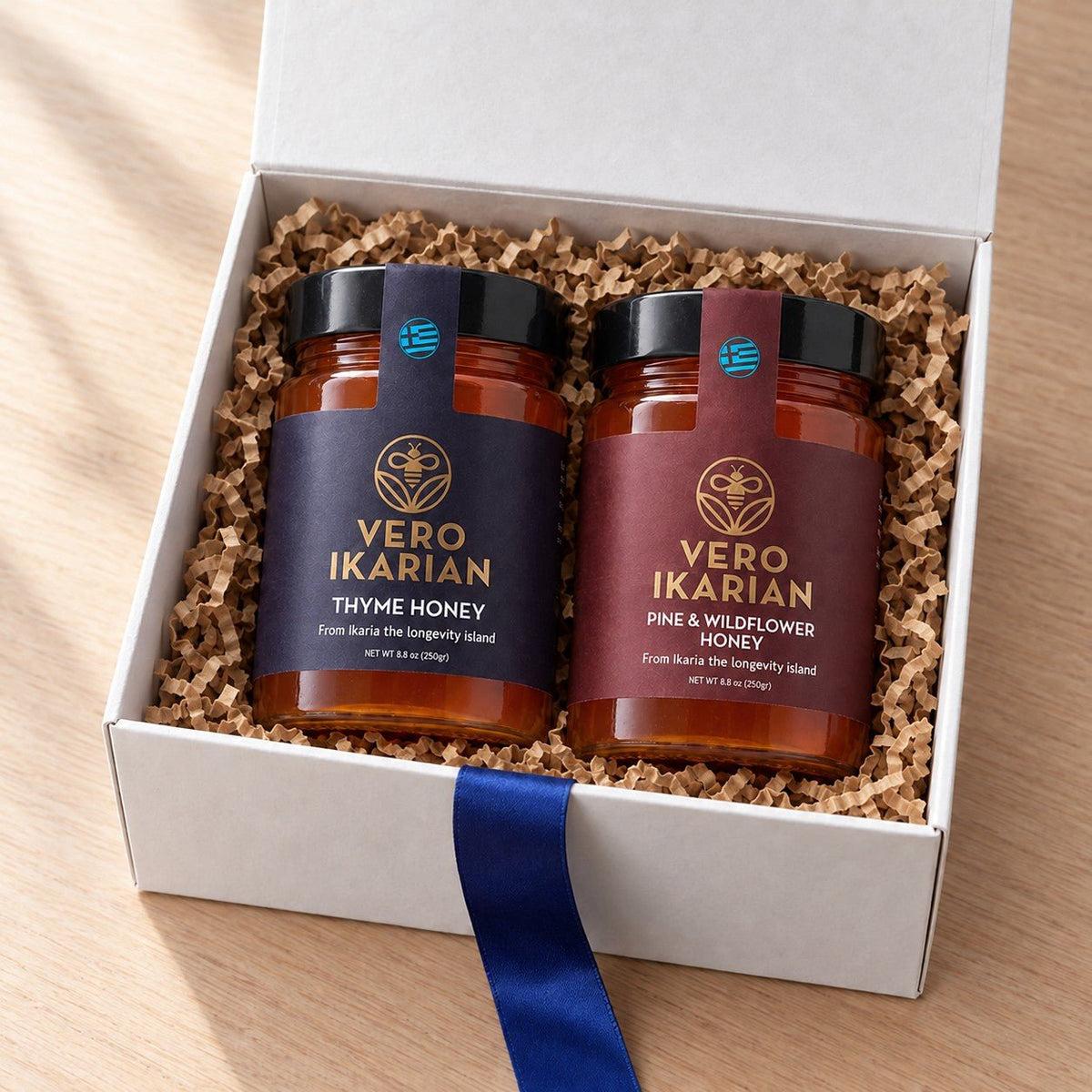 Ikaria Longevity Ritual gift set in a white gift box with a handwritten card