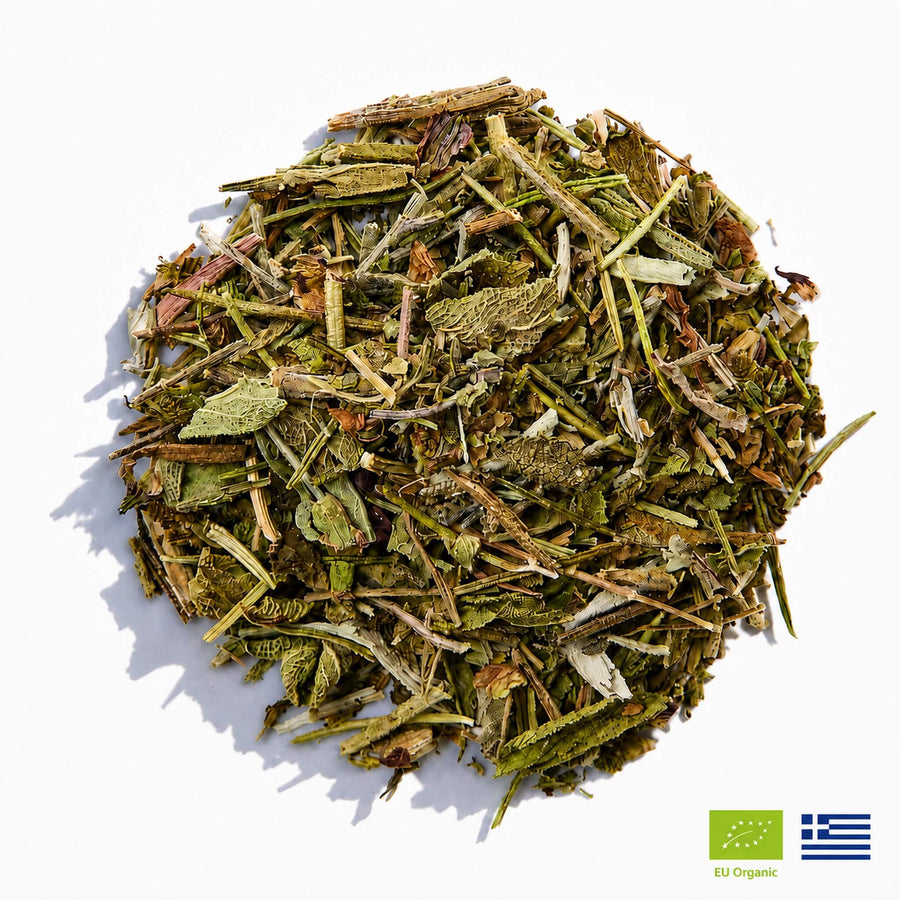 Greek Superherbs organic Ikaria Tea box with fresh rosemary, sage and dandelion flowers