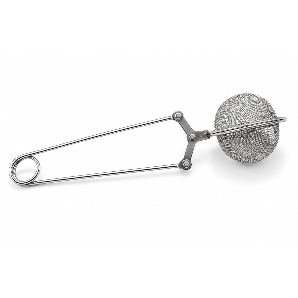 Snap tea ball infuser — stainless steel mesh ball on a spring squeeze handle
