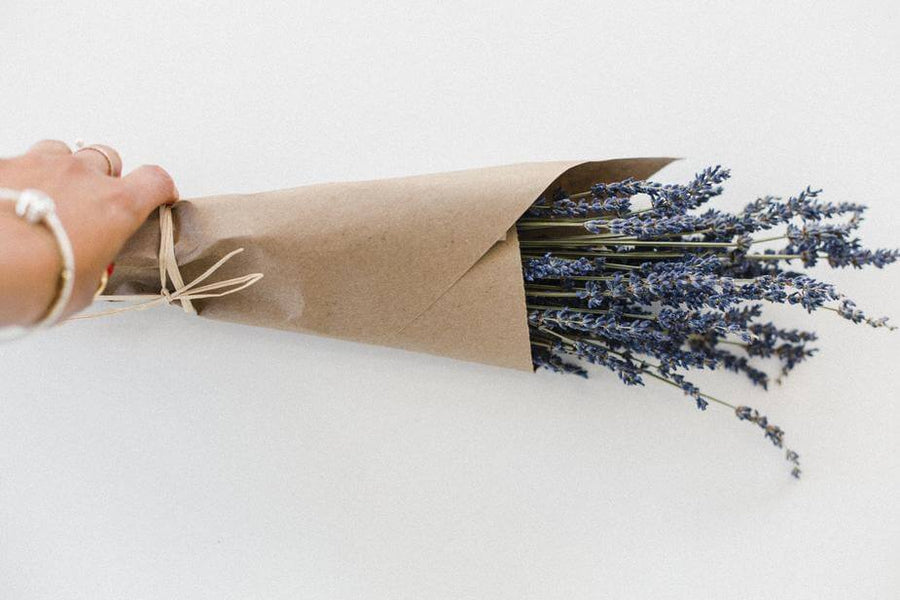 Dried Greek lavender in brown paper