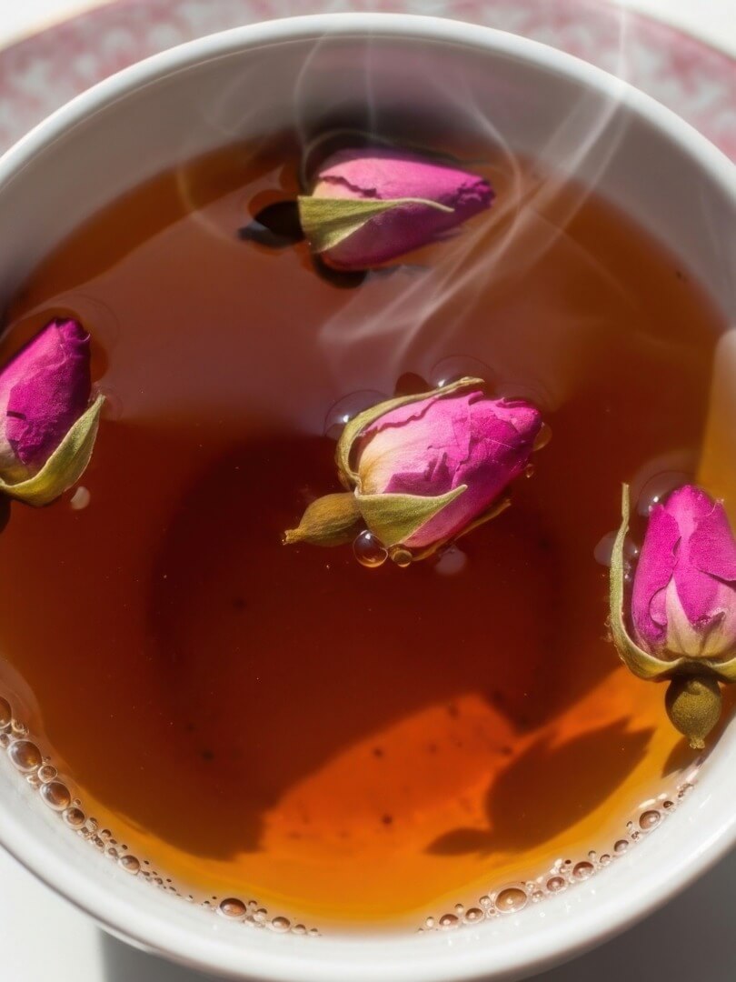 Rosebuds floating in a cup of rose tea