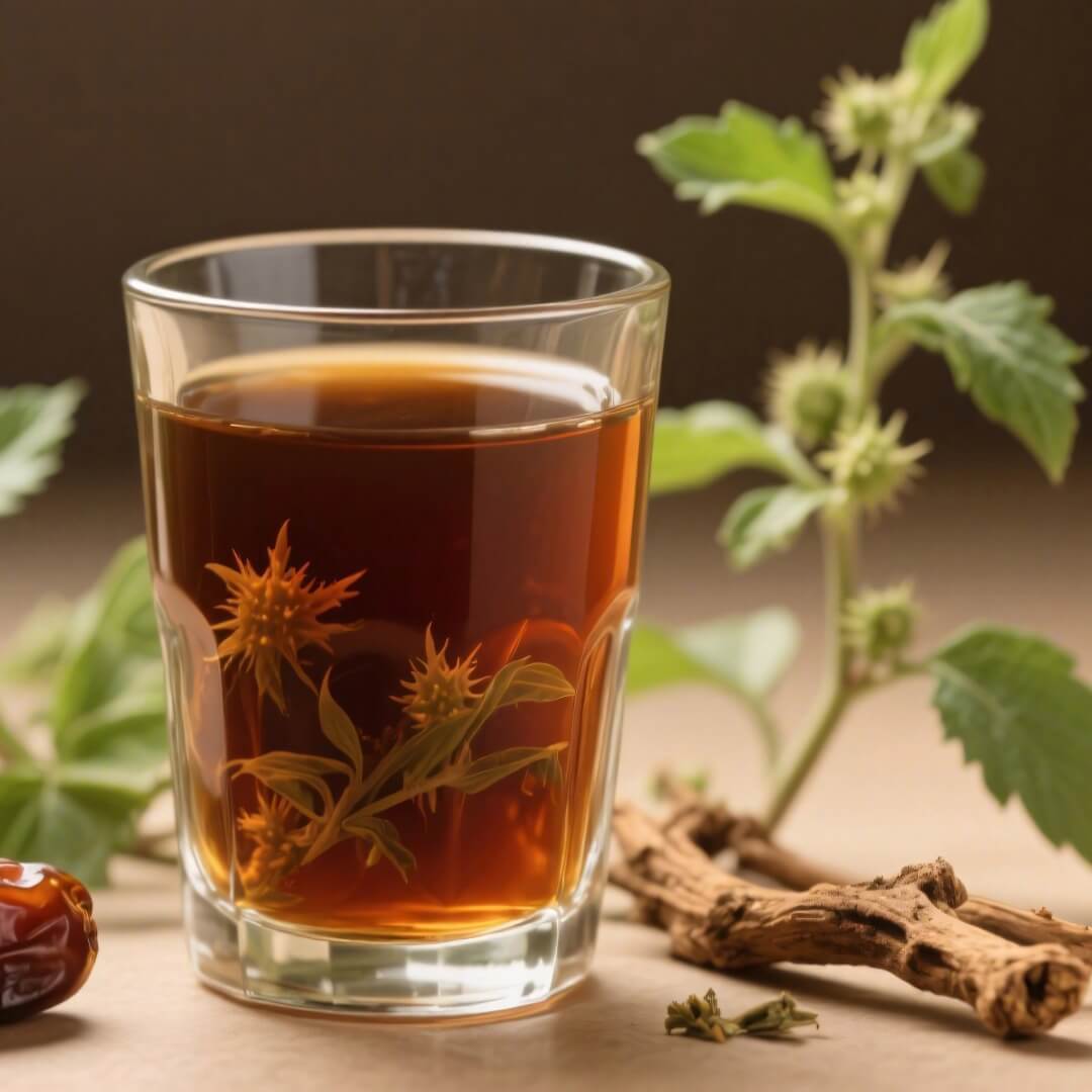 A glass of golden Energy Tea beside a bowl of dried herbs