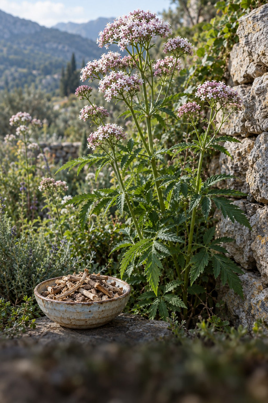Valerian flowers and dried valerian root