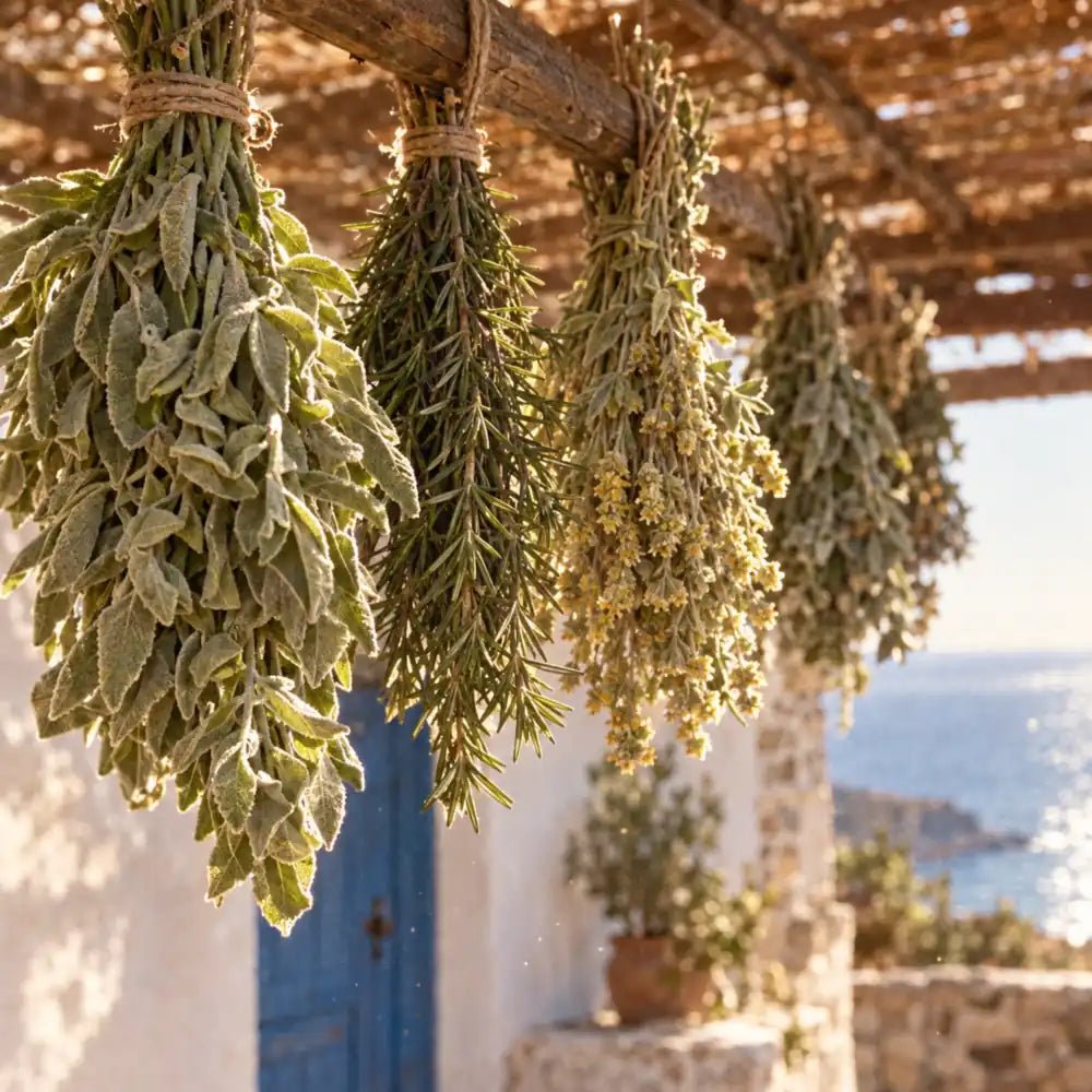 Bundles of wild sage, rosemary and mountain tea drying under a pergola on Ikaria